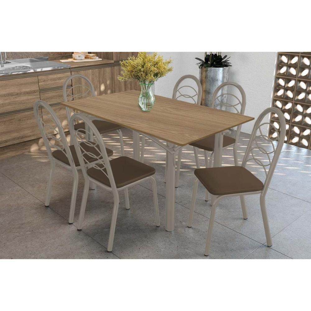Sala De Jantar Completa Elba C/ Tampo De Madeira 160cm E 6 Cadeiras Holanda Niquel/nogueira - Corano Marrom - Kappesberg - 1