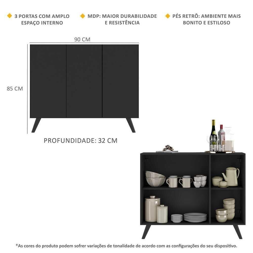 Aparador Buffet 3 Portas Retrô Veneza Multimóveis V1009 Preto Preto - 5