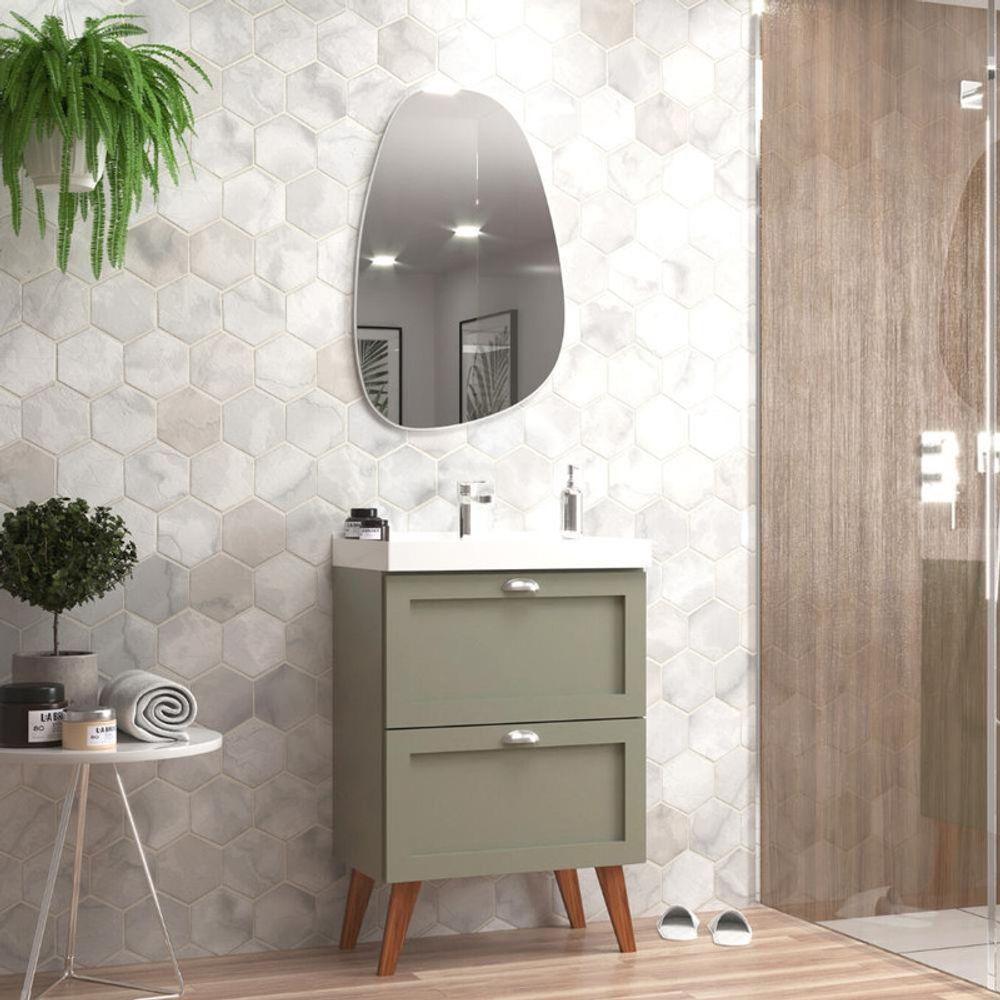 Gabinete Para Banheiro Com Cuba E Espelho Organico 60cm Retro Mdf Verde Milano - On Móveis - 1