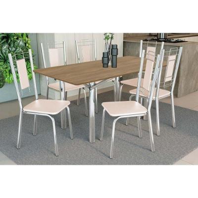 Sala De Jantar Completa Elba C/ Tampo De Madeira 160cm E 6 Cadeiras Florença Cromada/nogueira - Corano Bege - Kappesberg