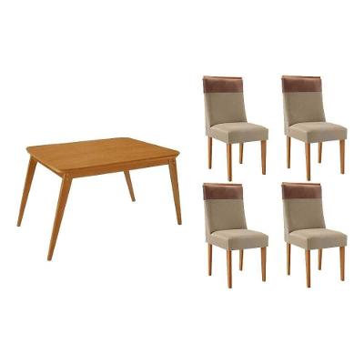 Sala De Jantar Completa Havana C/ Tampo Madeirado Canto Curvo 120x80cm E 4 Cadeiras Jaspe Naturale - Linho Bege - Rufato