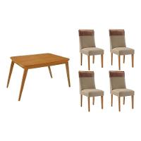 Sala De Jantar Completa Havana C/ Tampo Madeirado Canto Curvo 120x80cm E 4 Cadeiras Jaspe Naturale - Linho Bege - Rufato - 1