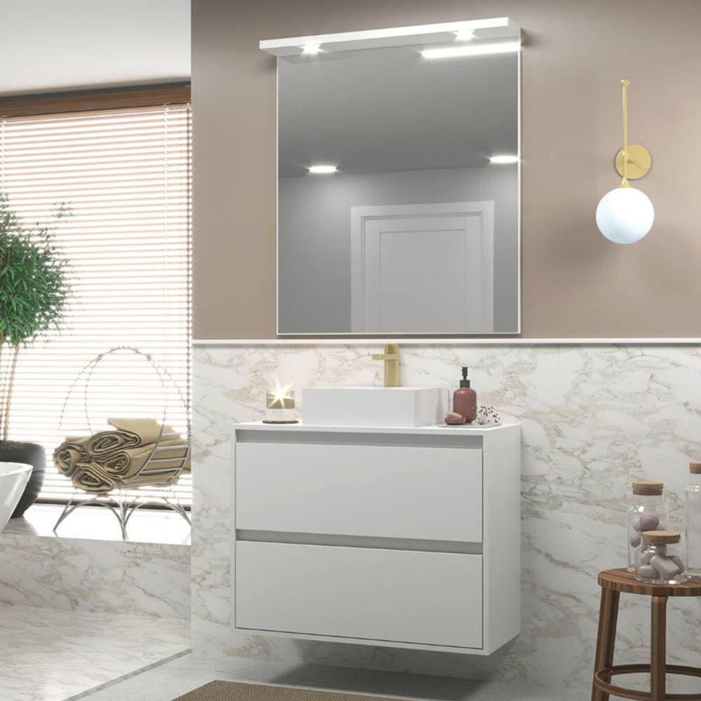 Gabinete Para Banheiro Com Cuba E Espelheira Com Led 80cm Mdf Branco Dubai - On Móveis - 1