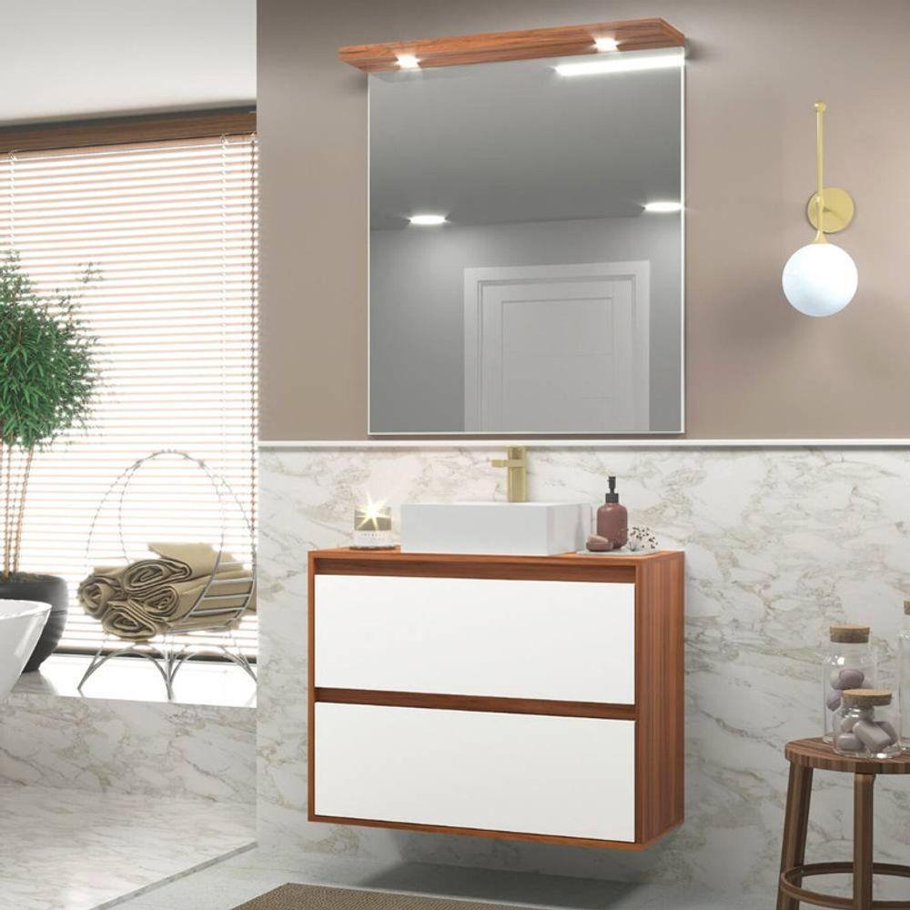 Gabinete Para Banheiro Com Cuba E Espelheira Com Led 80cm Mdf Freijo Com Branco Dubai - On Móveis - 1
