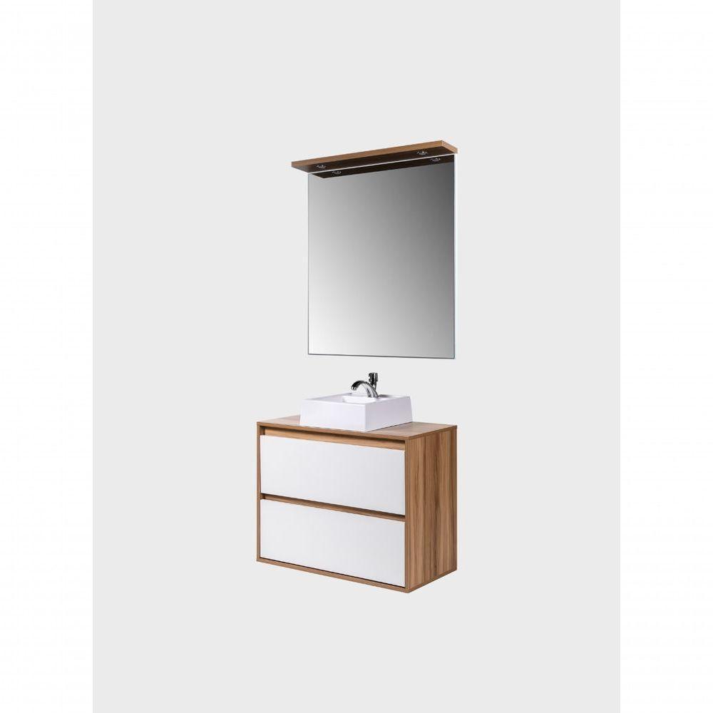 Gabinete Para Banheiro Com Cuba E Espelheira Com Led 80cm Mdf Freijo Com Branco Dubai - On Móveis - 5