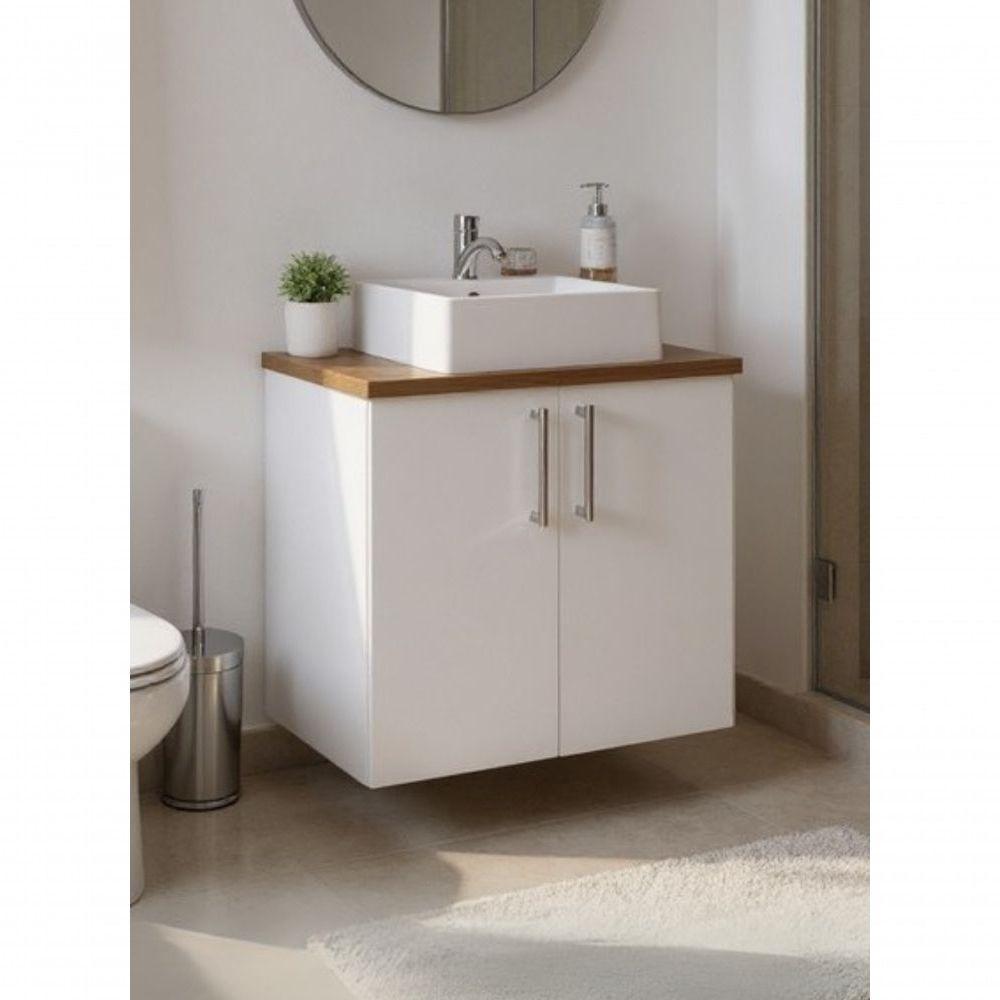 Gabinete Para Banheiro Com Cuba E Espelho Com Led 60cm Mdf Freijo Com Branco Paris - On Móveis - 5