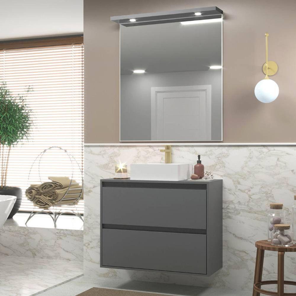 Gabinete Para Banheiro Com Cuba E Espelheira Com Led 80cm Mdf Grafite Dubai - On Móveis - 1