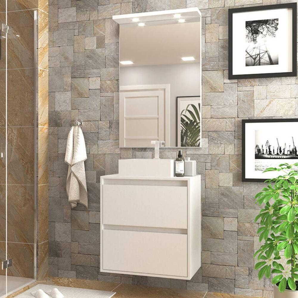 Gabinete Para Banheiro Com Cuba E Espelheira Com Led 60cm Mdf Branco Dubai - On Móveis - 1