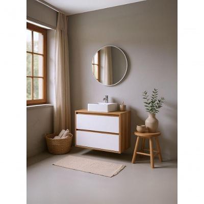 Gabinete Para Banheiro Com Cuba E Espelho Redondo 80cm Mdf Freijo Dubai - On Móveis