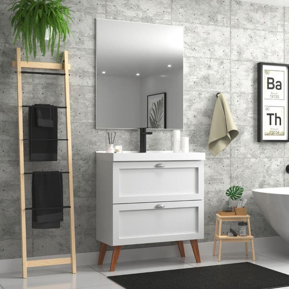 Gabinete Para Banheiro Com Cuba E Espelho 80cm Retro Mdf Branco Milano - On Móveis - 1
