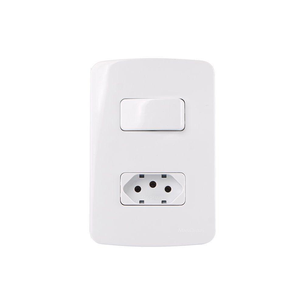 Interruptor Simples 10a E Tomada 2p+t 10a Margirius B3 Com Placa 4x2 Branco Branco - 1