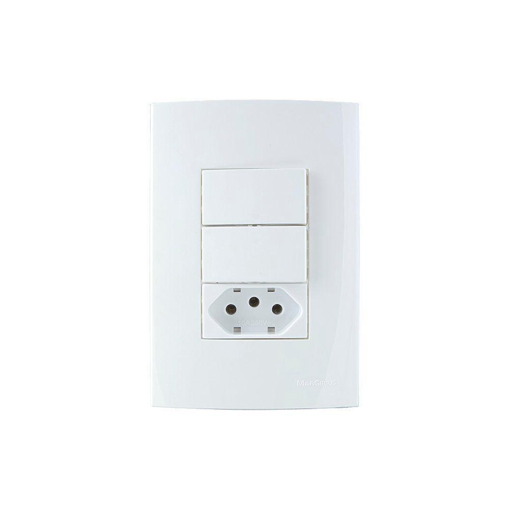Interruptor Simples Duplo 10a E Tomada 2p+t 10a Margirius Sleek Com Placa 4x2 Branco - 1