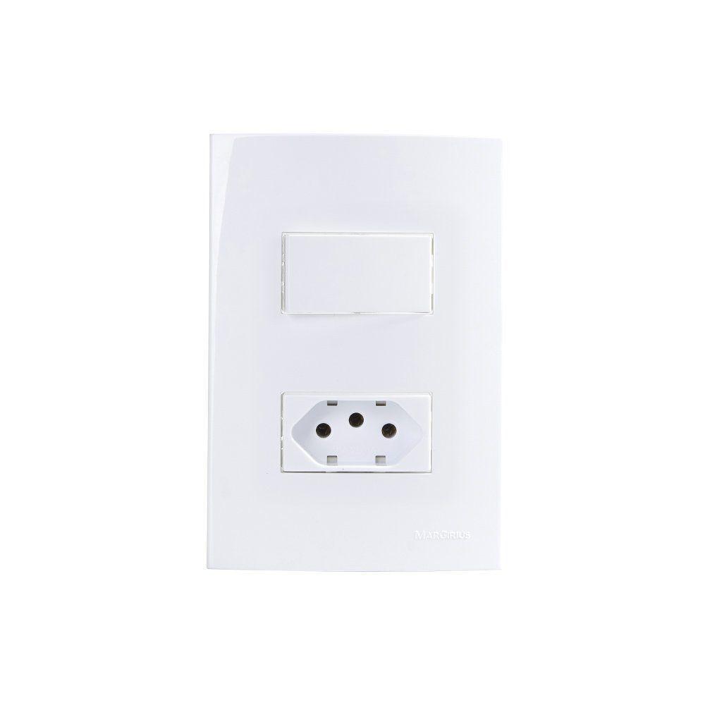 Interruptor Simples 10a E Tomada 2p+t 10a Margirius Sleek Com Placa 4x2 Branco Branco - 1