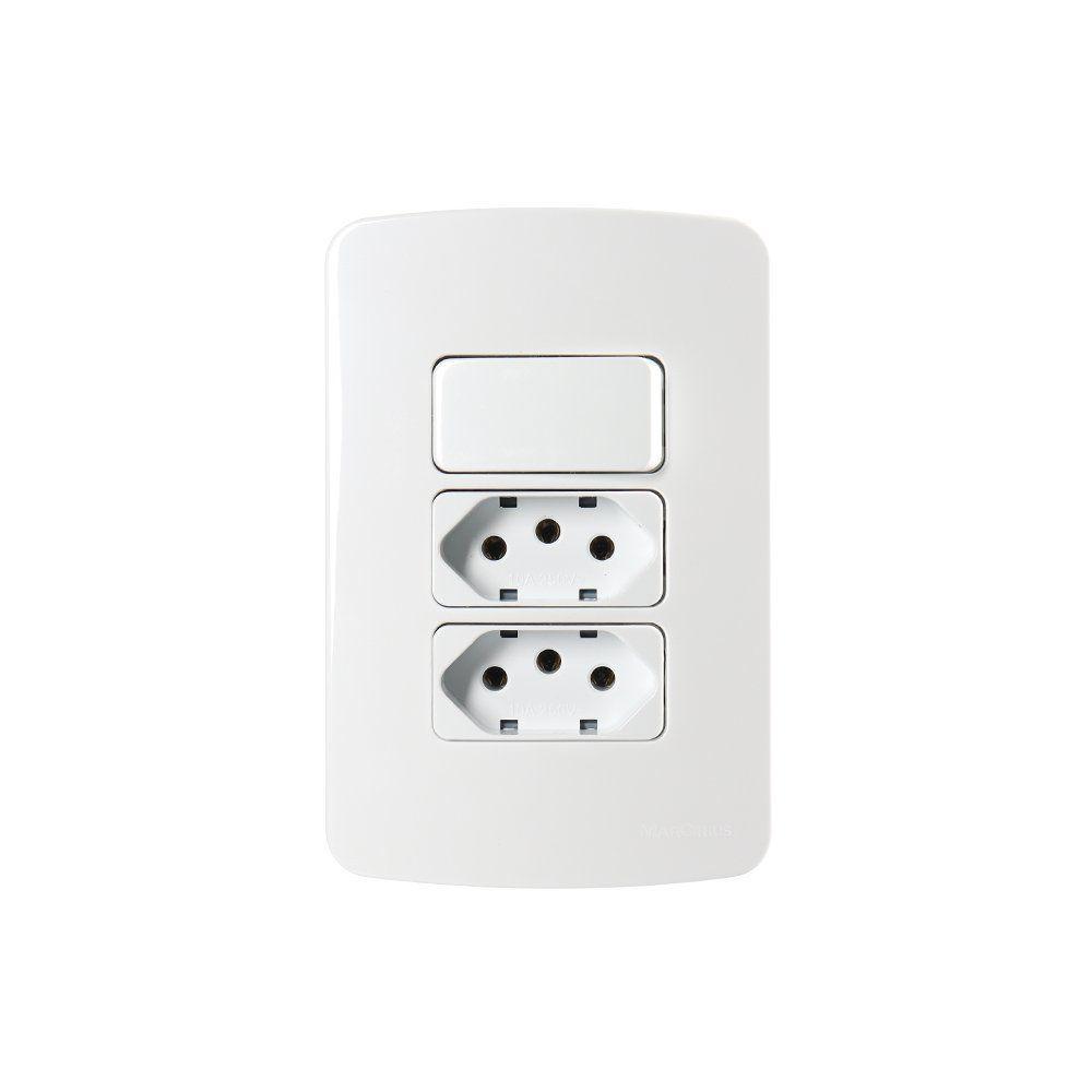 Interruptor Simples 10a E Tomada Dupla 2p+t 10a Margirius B3 Com Placa 4x2 Branco Branco - 1