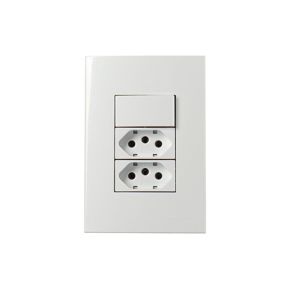 Interruptor Simples 10a E Tomada Dupla 2p+t 20a Margirius Sleek Com Placa 4x2 Branco Branco - 1