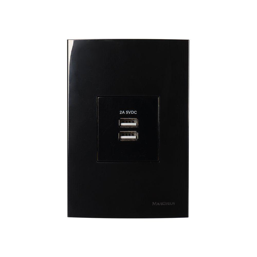 Tomada Duplo Carregador Usb-a Margirius Sleek 2a 10w Com Placa 4x2 Preto Ebony - 1