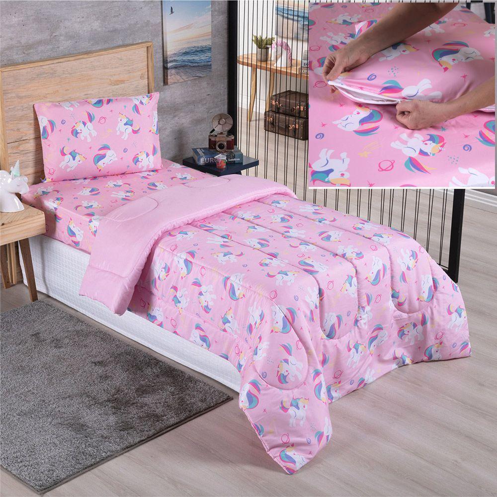Kit Coordenado Edredom Com Lençol Solteiro Alegria - Unicórnio - 100% Poliéster - 1