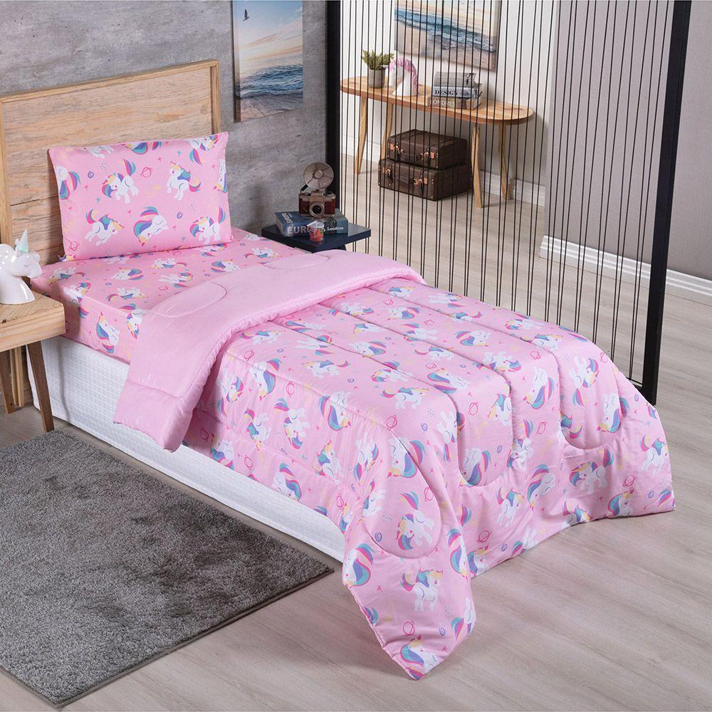 Kit Coordenado Edredom Com Lençol Solteiro Alegria - Unicórnio - 100% Poliéster - 2