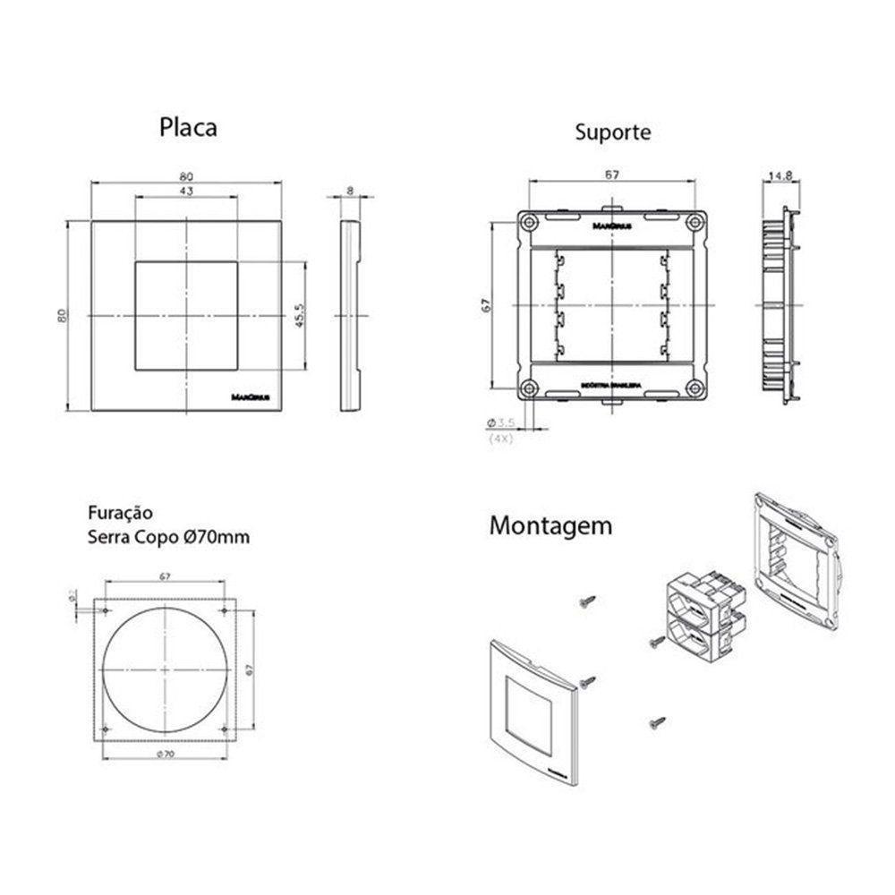 Placa Para Móveis 80x80 Com Interruptor Simples 10a E Tomada 2p+t 20a Margirius Sleek Branca - 2