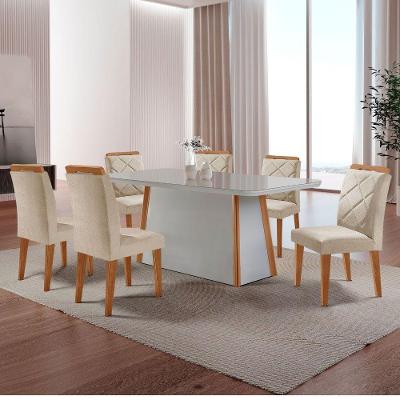 Mesa Diane 180cm Mdf Vidro E 6 Cadeiras Melissa Veludo Creme/off/nat/serig. Off Com Vidro