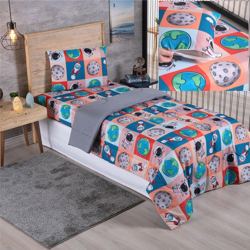 Kit Coordenado Edredom Com Lençol Solteiro Alegria - Astronauta - 100% Poliéster - 1