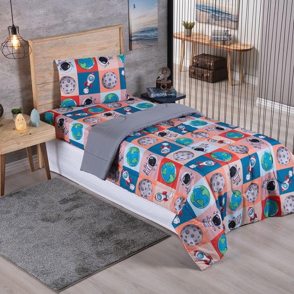 Kit Coordenado Edredom Com Lençol Solteiro Alegria - Astronauta - 100% Poliéster - 2