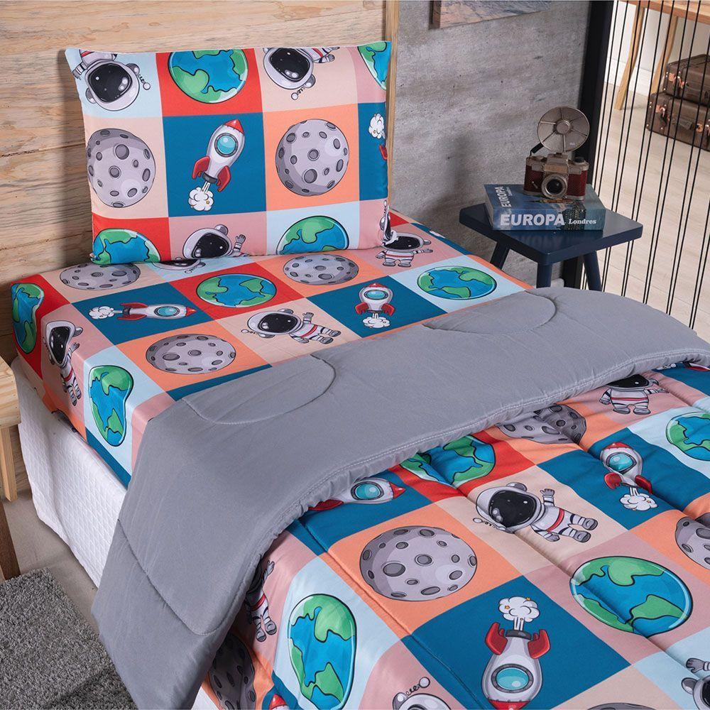 Kit Coordenado Edredom Com Lençol Solteiro Alegria - Astronauta - 100% Poliéster - 3