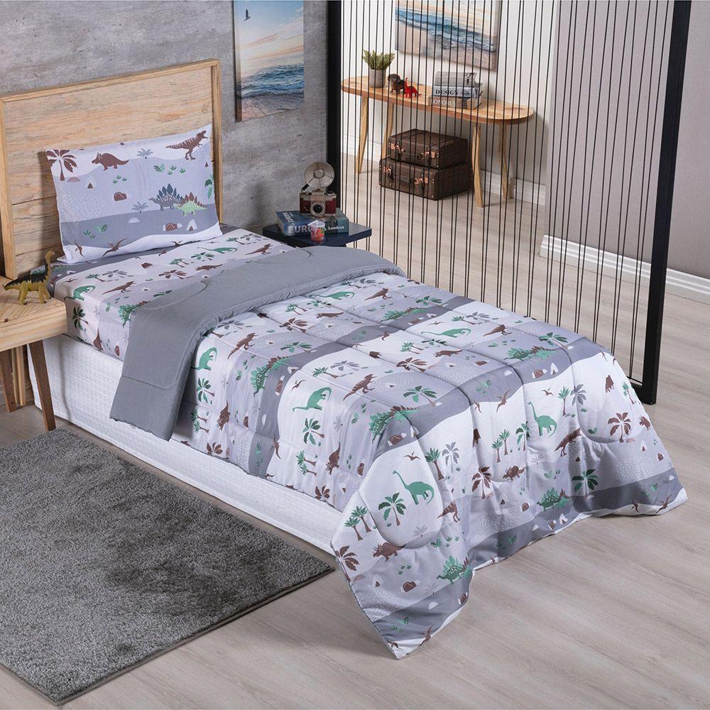 Kit Coordenado Edredom Com Lençol Solteiro Alegria - Dinossauro - 100% Poliéster - 2