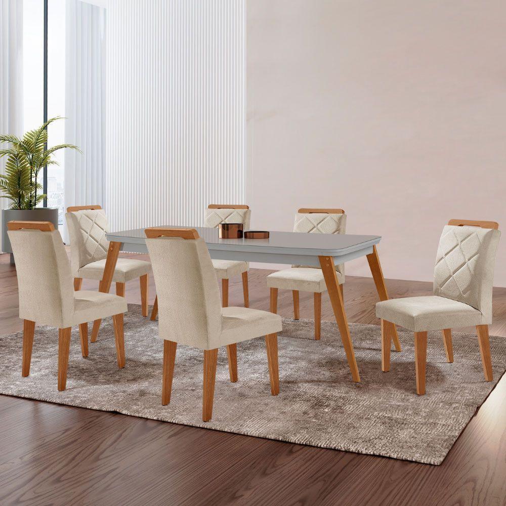 Mesa Copper 180cm Mdf Vidro E 6 Cadeiras Melissa Veludo Creme/off/naturale/serig Off Com Vidro - 1