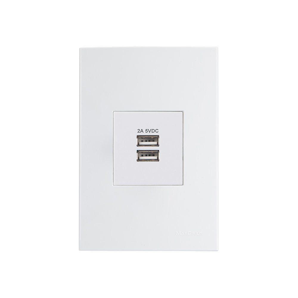 Tomada Duplo Carregador Usb-a Margirius Sleek 2a 10w Com Placa 4x2 Branca - 1