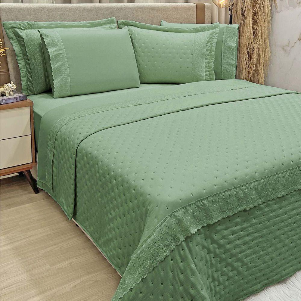 Kit Cobre Leito E Lençol Queen Melody Dupla Face 7 Peças - Esmeralda - 100% Poliéster - 2