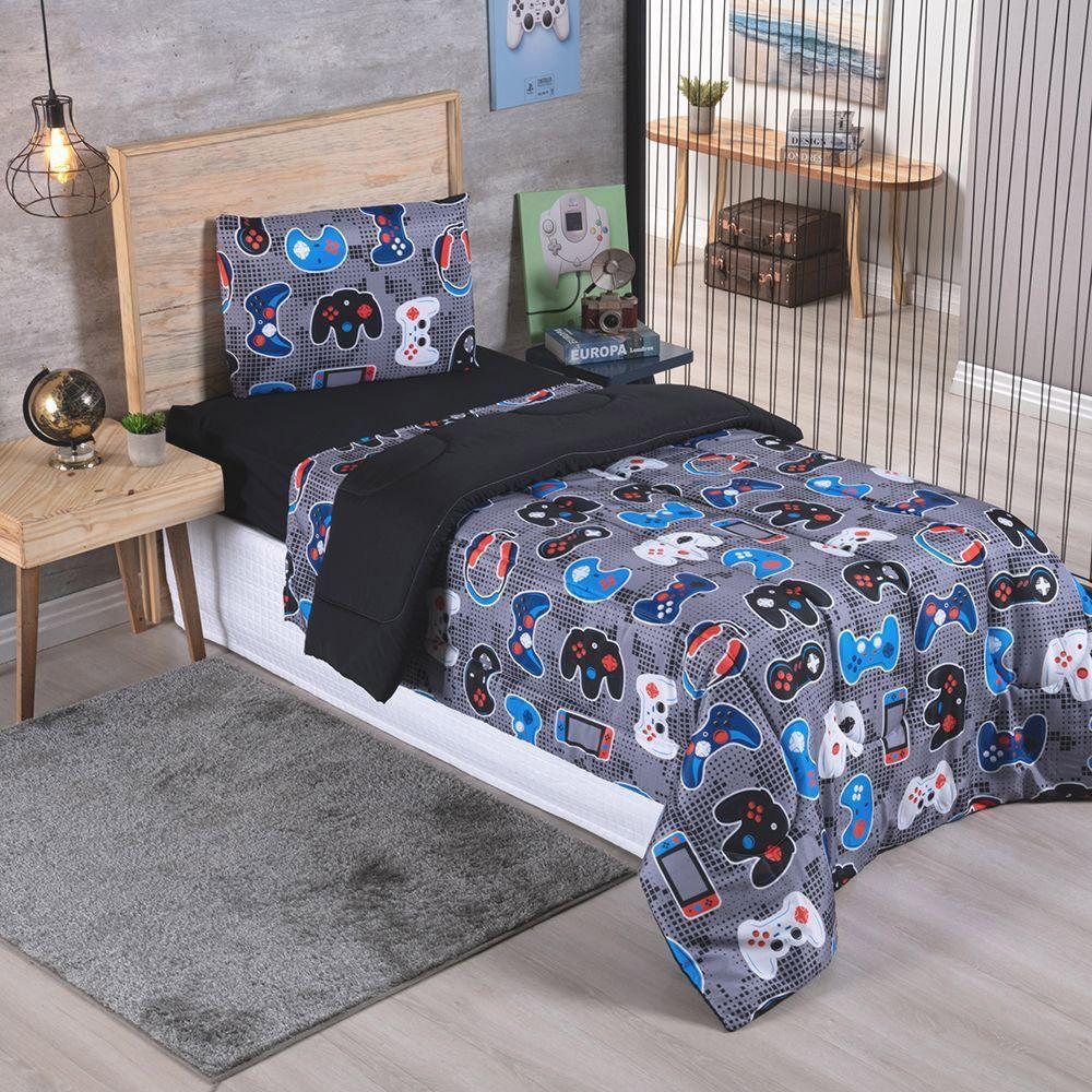 Kit Coordenado Edredom Com Lençol Solteiro Alegria - Play Game - 100% Poliéster - 2