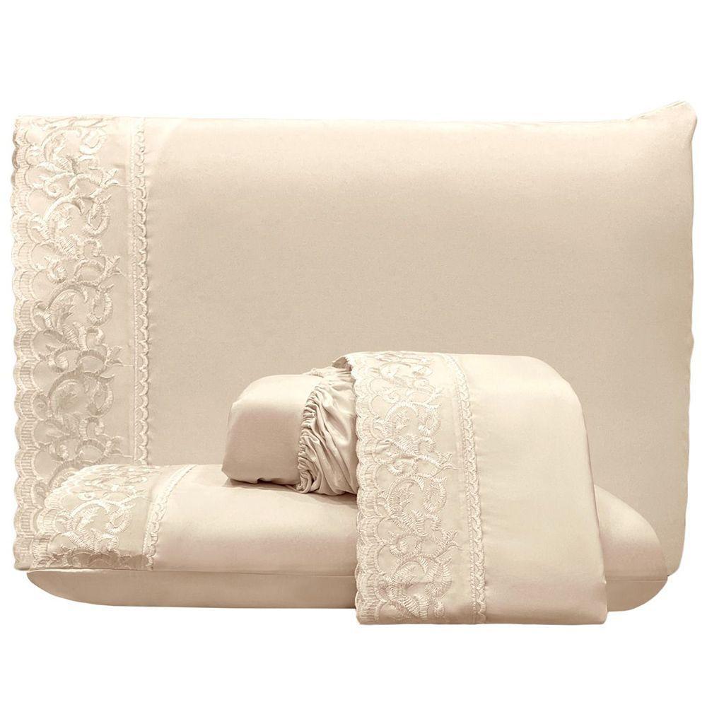 Jogo De Cama Lençol King Top Line 4 Peças - Palha - 100% Poliéster - 1