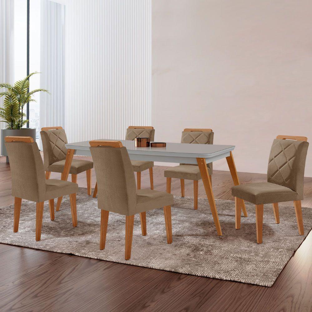 Mesa Copper 180cm Mdf Vidro E 6 Cadeiras Melissa Vel Capuccino /off /naturale /serig Off Com Vidro - 1