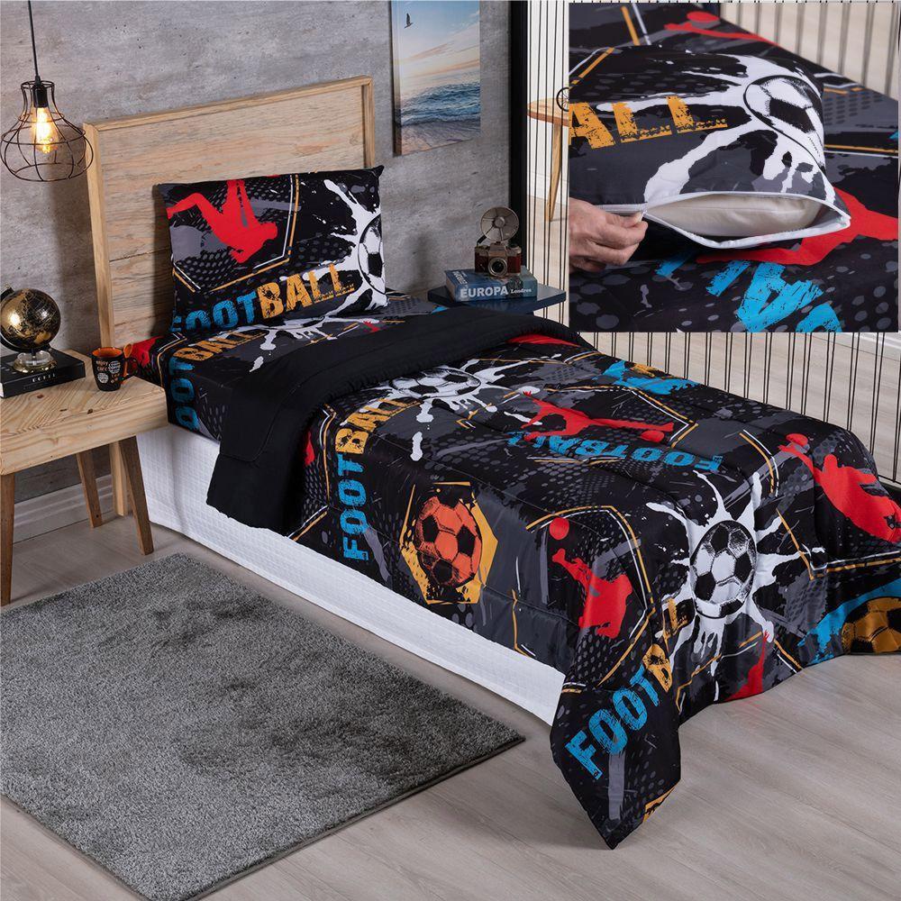Kit Coordenado Edredom Com Lençol Solteiro Alegria - Soccer - 100% Poliéster - 1