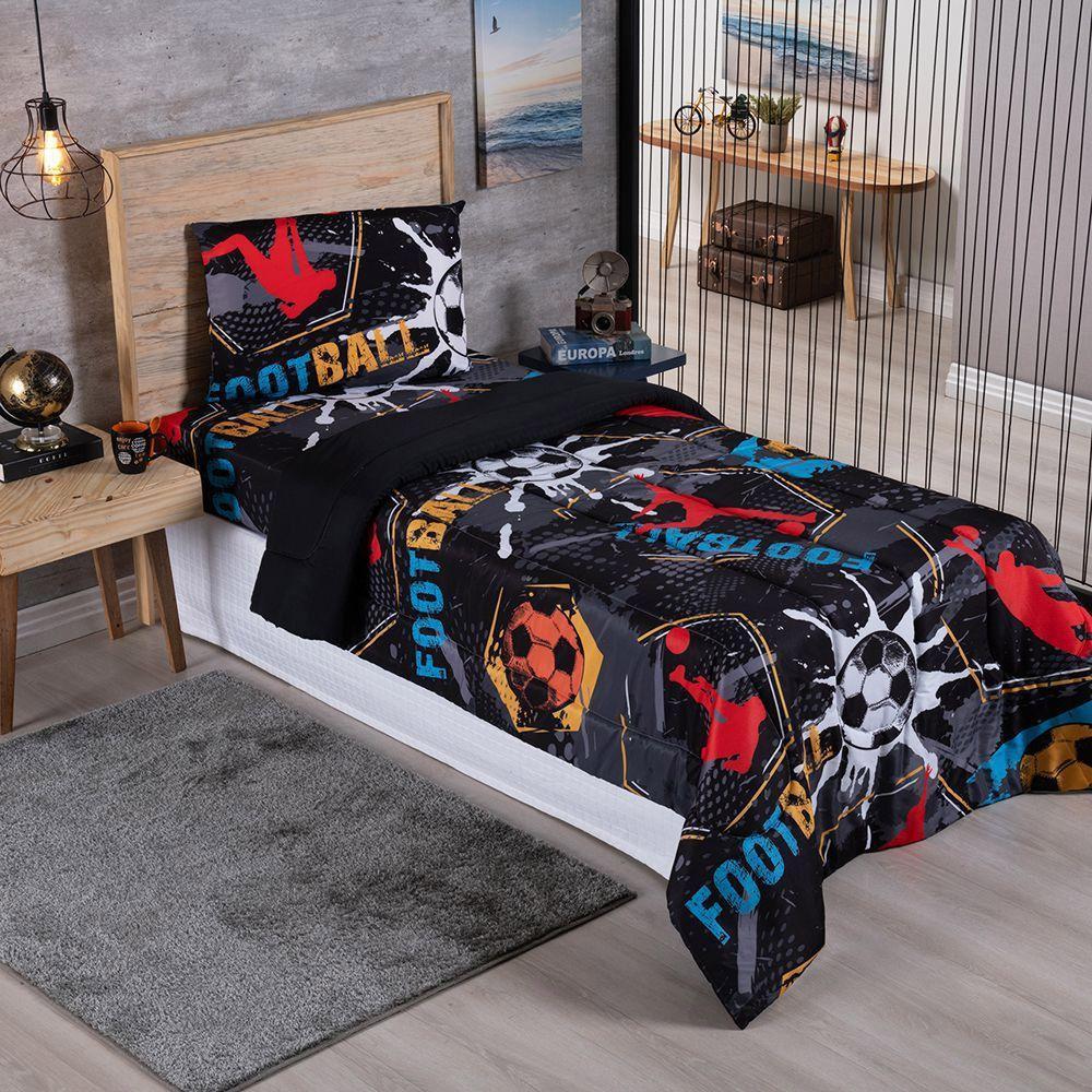 Kit Coordenado Edredom Com Lençol Solteiro Alegria - Soccer - 100% Poliéster - 2