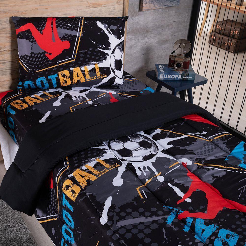 Kit Coordenado Edredom Com Lençol Solteiro Alegria - Soccer - 100% Poliéster - 3