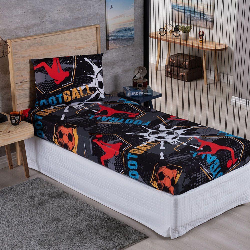 Kit Coordenado Edredom Com Lençol Solteiro Alegria - Soccer - 100% Poliéster - 4
