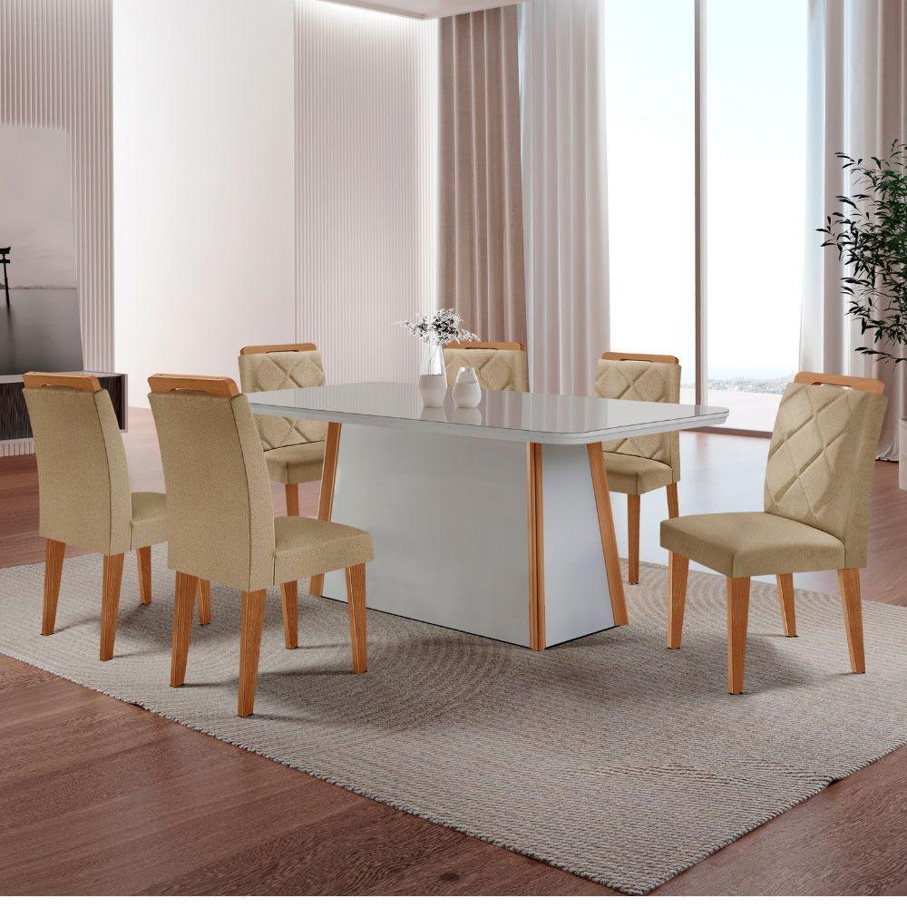 Mesa Diane 180cm Mdf Vidro E 6 Cadeiras Melissa Turim 07/off/naturale/serig. Off Com Vidro - 1