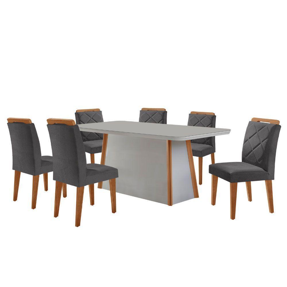 Mesa Diane 180cm Mdf Vidro E 6 Cadeiras Melissa Veludo Grafite/off /nat/serig. Off Com Vidro - 6