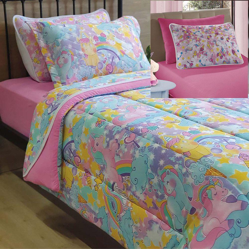 Kit Coordenado Edredom Com Lençol Solteiro Mymo - Unicornio - 100% Algodão - 1