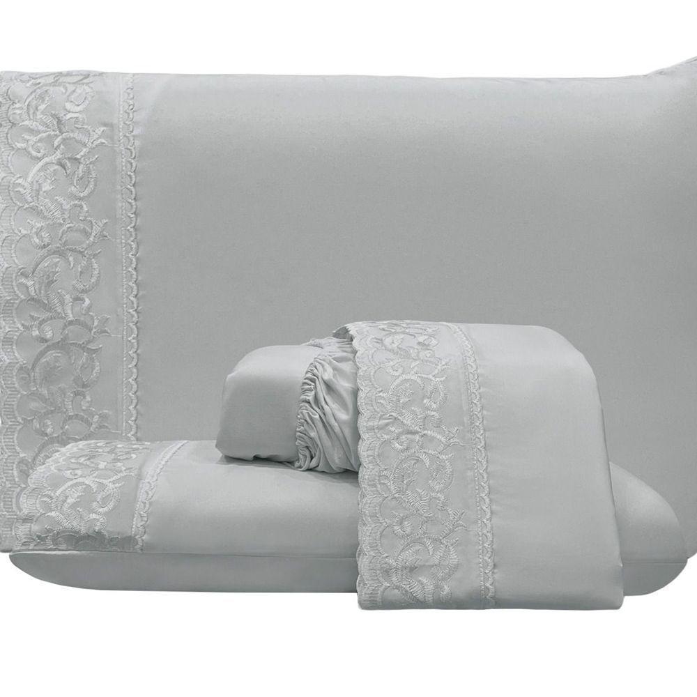 Jogo De Cama Lençol Casal Top Line 4 Peças - Cinza - 100% Poliéster - 1