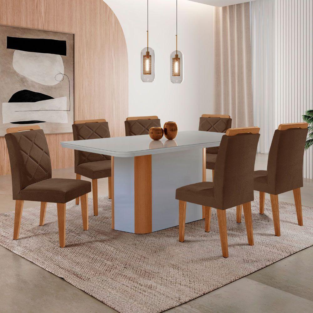 Mesa Isadora 180cm Mdf Vidro E 6 Cadeiras Melissa Vel Marrom /off /naturale /serig Off Com Vidro - 1