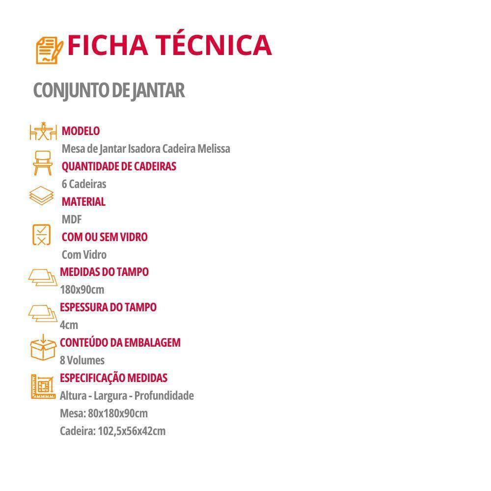 Mesa Isadora 180cm Mdf Vidro E 6 Cadeiras Melissa Vel Marrom /off /naturale /serig Off Com Vidro - 6