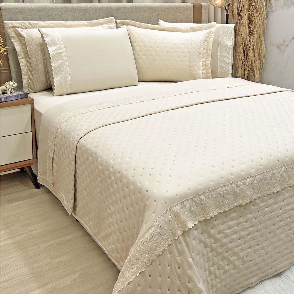 Kit Cobre Leito E Lençol Casal Melody Dupla Face 7 Peças - Palha - 100% Poliéster - 2