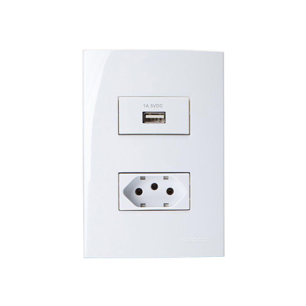 Tomada Usb-a 1a 5w E Tomada 2p+t 10a Margirius Sleek Com Placa 4x2 Branca - 1