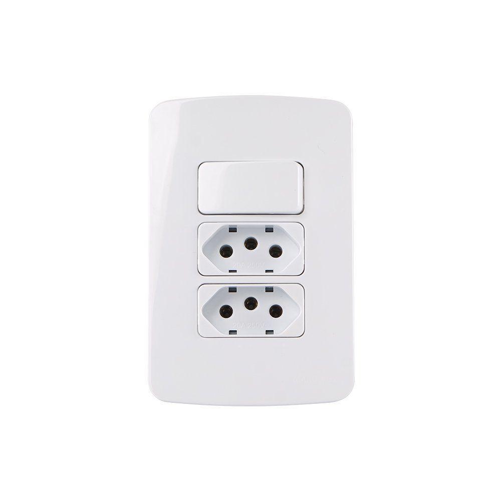Interruptor Simples 10a E Tomada Dupla 2p+t 20a Margirius B3 Com Placa 4x2 Branco Branco - 1