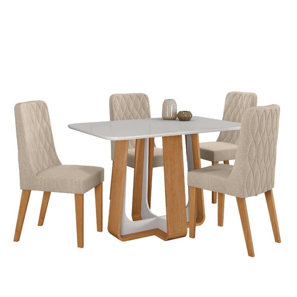 Conjunto Sala De Jantar Mesa Easy Pop 120x80cm Tampo Vidro/mdf Com 4 Cadeiras Seat Linho Rinzai Bege Amendoa Clean/off - 4