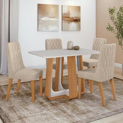 Conjunto Sala De Jantar Mesa Easy Pop 120x80cm Tampo Vidro/mdf Com 4 Cadeiras Seat Linho Rinzai Bege Amendoa Clean/off
