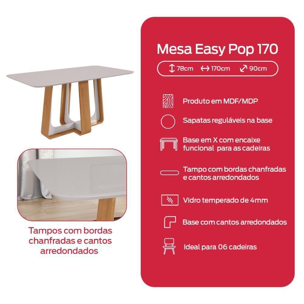 Mesa De Jantar Retangular 6 Lugares 170 Tampo Mdf/vidro Easy Pop Amendoa/off White - 7
